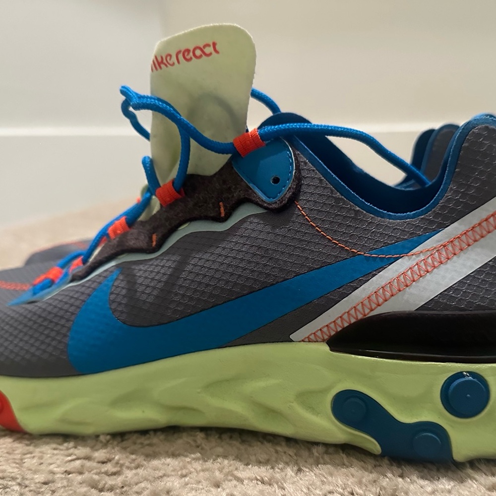 Nike Men's Gray and Blue React Sneakers with Neon Green Midsole
